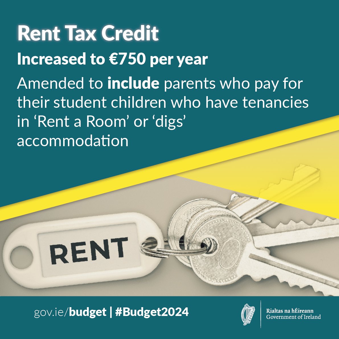 Minister <a href="/mmcgrathtd/">mmcgrathtd</a> has announced that the rent tax credit is to increase from €500 to €750 per year and will be amended to include parents who pay for their student children who have tenancies in ‘Rent a Room’ or ‘digs’ accommodation. #Budget2024