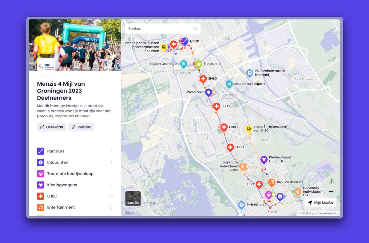 Afgelopen weekend vond de 4 Mijl van Groningen 👟 plaats met zo’n 20.000 deelnemers. Trots dat we een bijdrage mochten leveren aan dit mooie evenement met twee mooie interactieve kaarten voor deelnemers en toeschouwers! 🤩