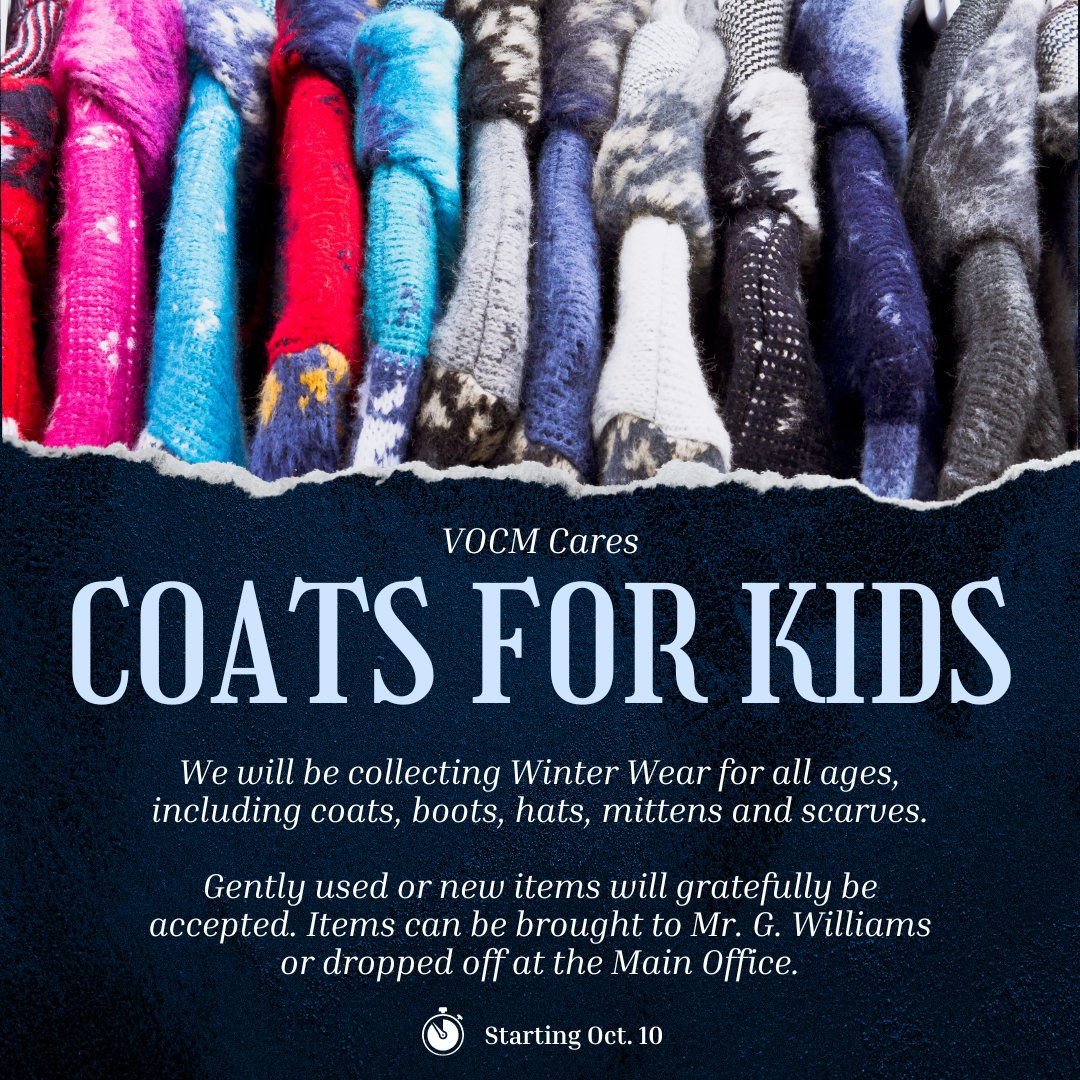 🧥Join us in supporting the 'Coats for Kids' campaign by donating winter gear to those in need. See more information below. @VOCMCares @NLESDCA @gregwill19