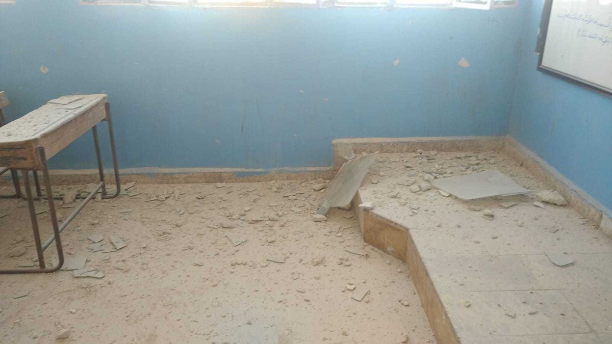 SyriaCivilDef's tweet photo. Documenting the devastation suffered by a school in the town of Al-Abzamo, west of #Aleppo, following a bombardment by regime forces using explosive missiles and incendiary rockets that struck the town on Sunday, October 8th. During the attack, a father, his daughter, and his infant son were injured, and their home caught fire due to the shelling.
#Syria #WhiteHelmets