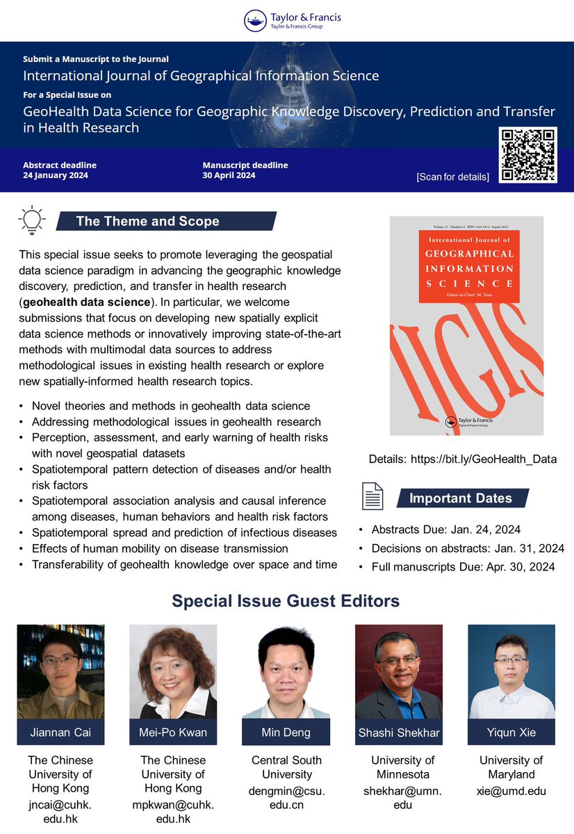 CFP: IJGIS Special Issue on “GeoHealth Data Science”

Join us in advancing the research agenda of GeoHealth Data Science! We're organizing a special issue in the flagship GIS journal @ijgis. @meipokwan, Min Deng, Shashi Shekhar, and Yiqun Xie.
 
Details: bit.ly/GeoHealth_Data