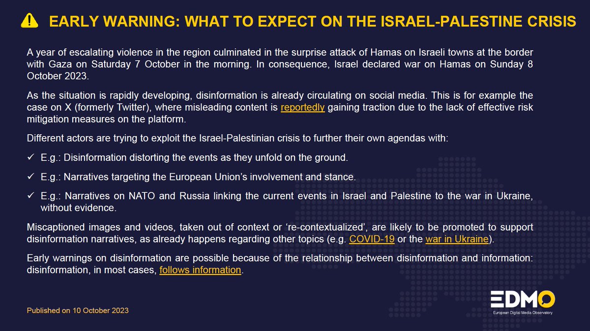 🚨Important #EarlyWarning on the Israel-Palestine conflict, which escalated over the weekend. ▶️ #Disinformation is already circulating, particularly on X, given its lack of effective risk mitigation measures. See more: loom.ly/M3uikRQ #EDMOeu ⤵️ loom.ly/w5jo2ck