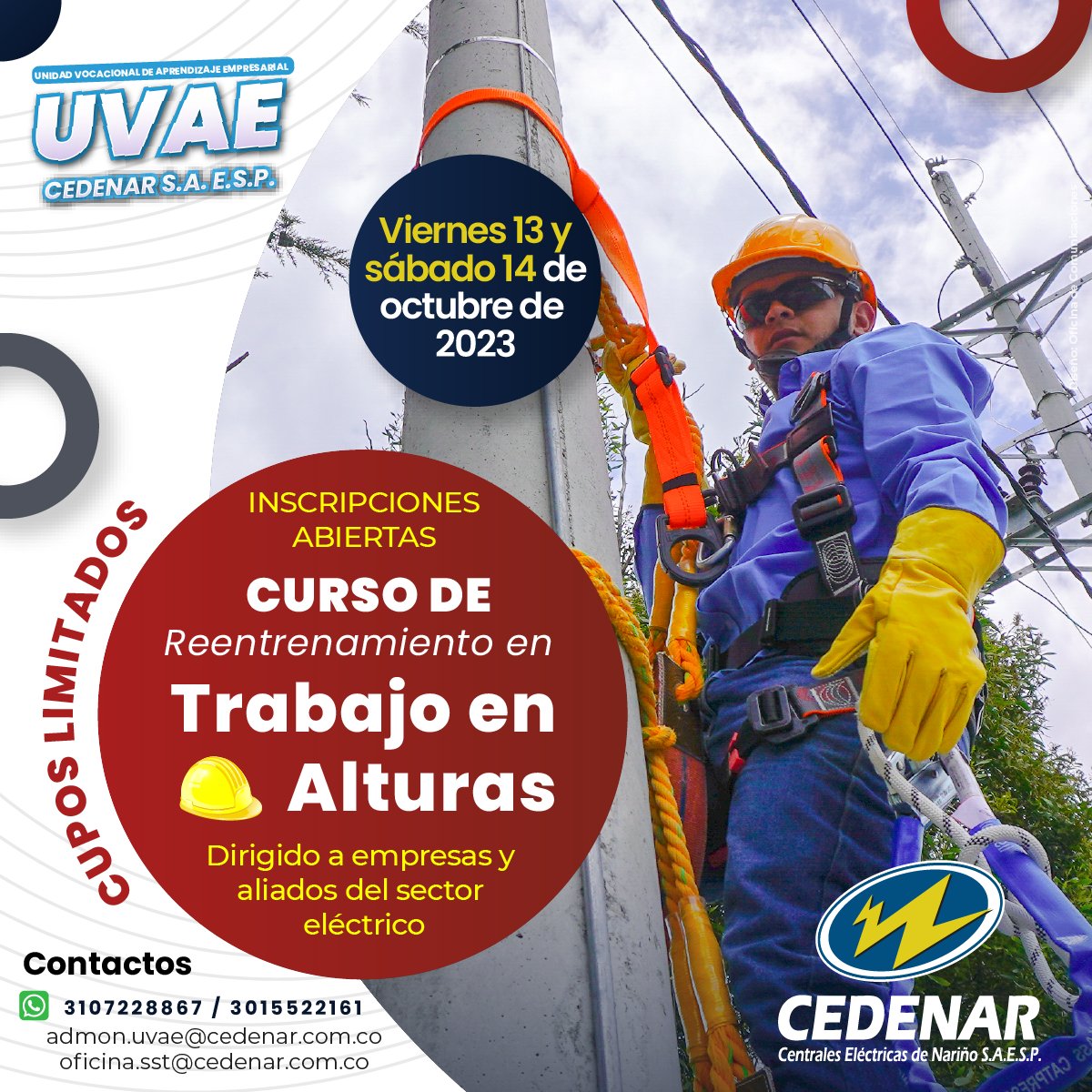 Cedenaroficial's tweet photo. 👷🏼‍♀️👷🏼‍♂️CURSO DE REENTRENAMIENTO PARA TRABAJO EN ALTURAS 🗓️ los días 13 y 14 de octubre de 2023 en la Unidad Vocacional de Aprendizaje Empresarial UVAE de CEDENAR S.A. E.S.P.⚡#Cedenar #Nariño #UVAE #Pasto https://t.co/KhXMWzDZDo