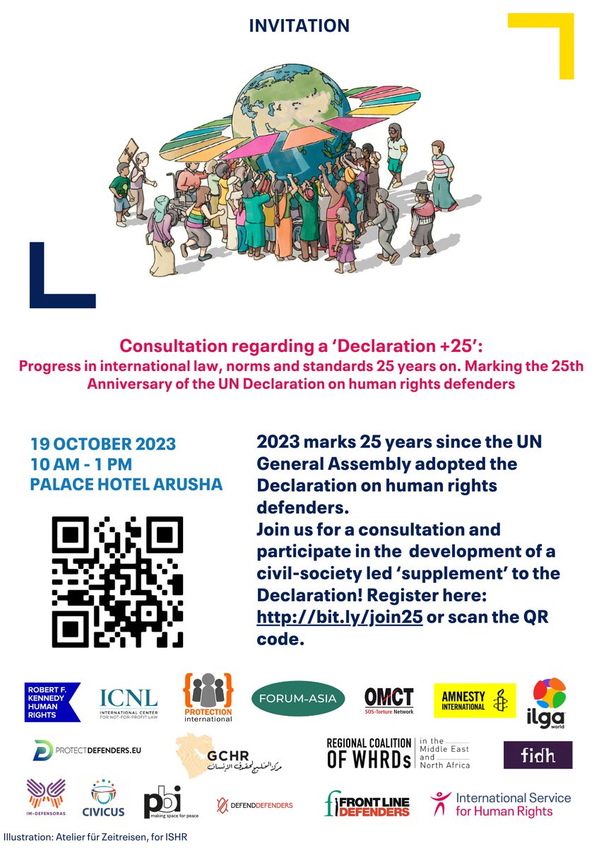 Join us ahead of #ACHPR77 for a crucial consultation on the development of a #CivilSociety led supplement to the UN Declaration on HRDs!
Quick registration➡️bit.ly/join25 #Right2DefendRights #25YearsHRDs
🗓 19 Oct
⏰ 10AM-1PM
📍 Palace Hotel, Arusha, Tanzania