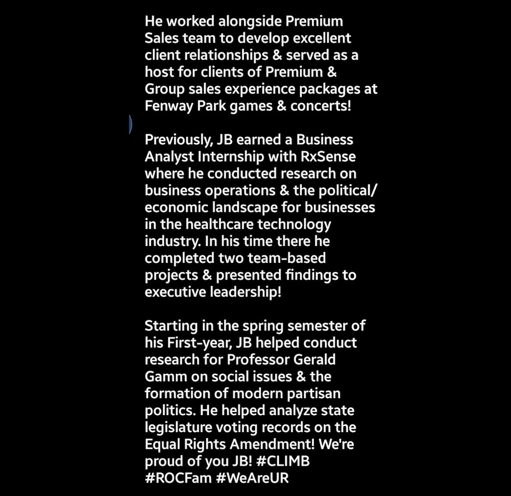 Jacket Spotlight 🔦 

JB Mills
DB (Senior) 

JB is from Amherst, MA. He studies Political Science with Minors in Psychology &amp; History here at the <a href="/UofR/">University of Rochester</a>. This summer JB interned with the @redsox Premium Sales Game Day staff!