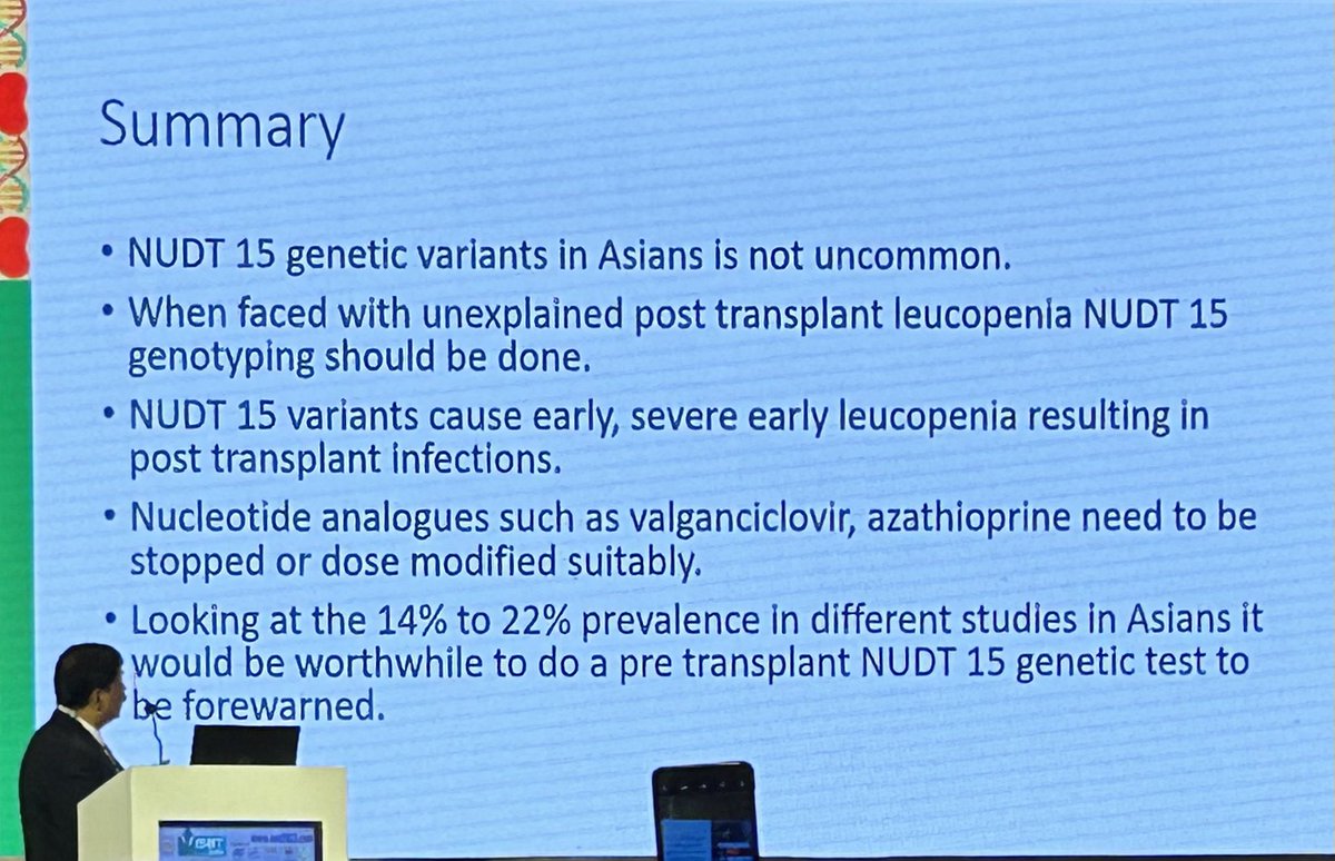 arvindcanchi's tweet photo. A very interesting talk by  Dr Madan Bahadur on NUDT15 and drug interaction with ganciclovir (and azathioprine), at the #ISOT2023 causing severe leucopenia. He talked about giving ganciclovir (for Rx of proven CMV infection) once in 4 days in such pts. https://t.co/QEmRP4hy9c