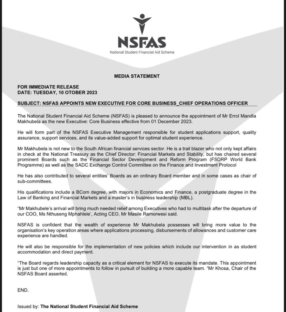 myNSFAS's tweet photo. MEDIA STATEMENT: NSFAS APPOINTS MR MANDLA MAKHUBELA AS EXECUTIVE FOR CORE BUSINESS_CHIEF OPERATIONS OFFICER https://t.co/Ty2rBw4O4r