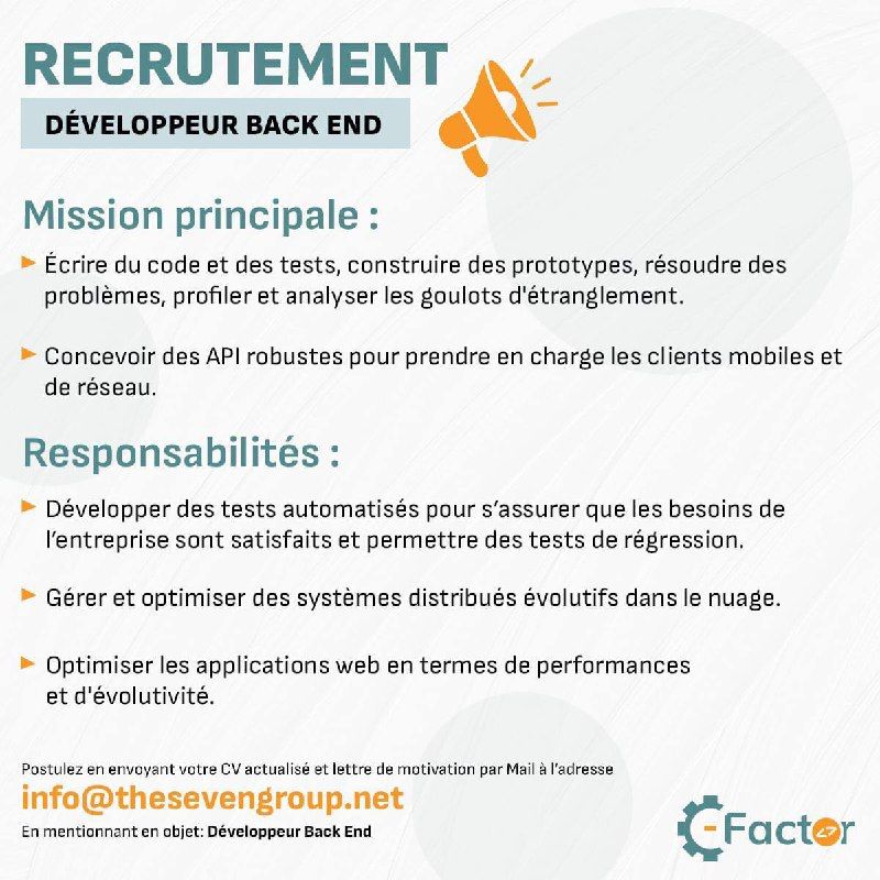 seven_dma's tweet photo. 📢 OFFRE D'EMPLOI : DÉVELOPPEUR BACK END

Vous êtes un passionné du code et du développement ? Rejoignez notre équipe en tant que Développeur Back-End.

Postulez en envoyant votre CV et votre Lettre de Motivation à l'adresse suivante :  info@thesevengroup.net https://t.co/vPV8QBO1Ij