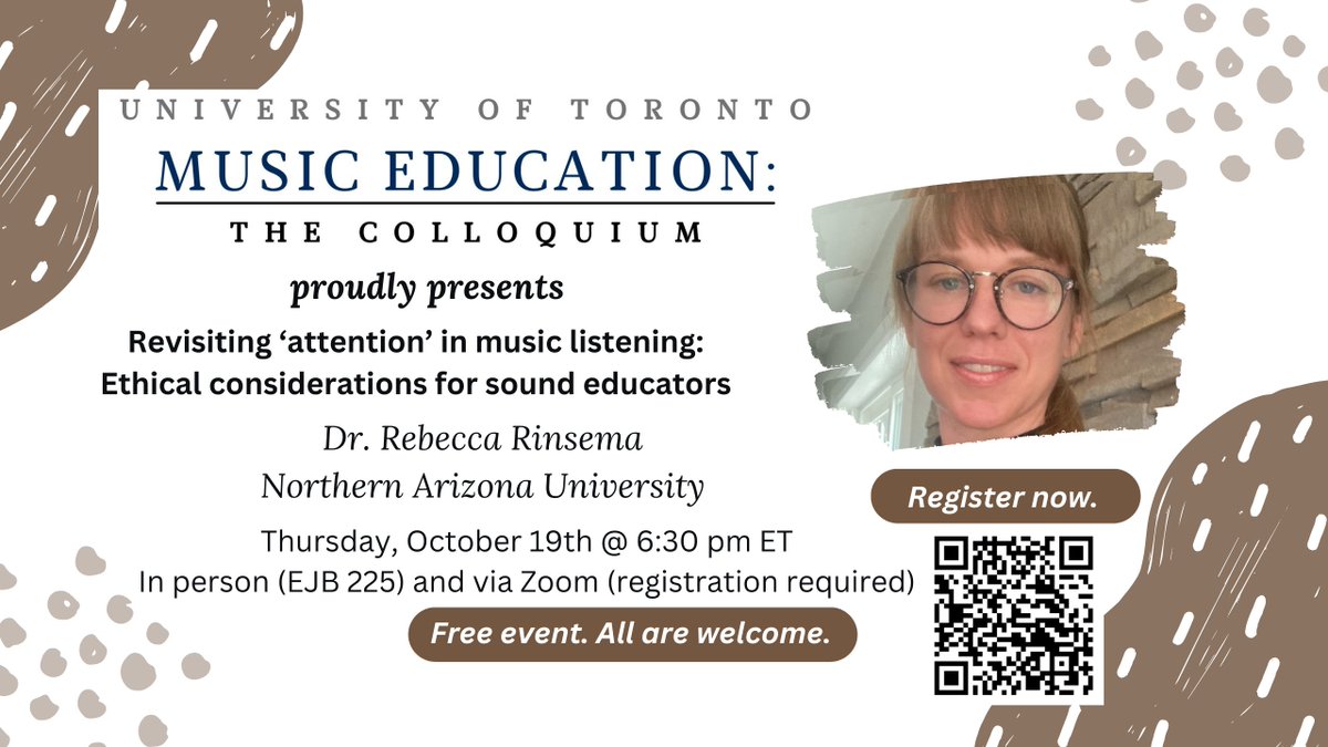 antiaben's tweet photo. "Revisiting 'attention' in music listening: Ethical considerations for sound educators," a FREE talk by Dr. Rebecca Rinsema. Thursday, Oct. 19, 6:30-8PM ET. Virtual and in person. Everyone is welcome! Register: https://t.co/OSnVdwtlbV @UofTMusic #MusicEducation #MusicEdChat https://t.co/yz5pwyQZ26
