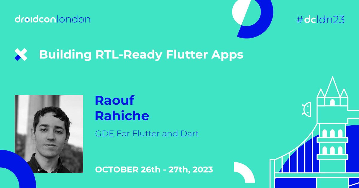 droidconLondon's tweet photo. Let's give it up for @raoufrahiche 🇬🇧
This #dcldn23 talk will cover #Flutter's RTL implementation & internationalization support. Learn about important widgets like #Directionality, #TextDirection, #MediaQuery, & #EdgeInsets.
Abstract: https://t.co/6XOTkPnlAt https://t.co/hQqdTIXt5F