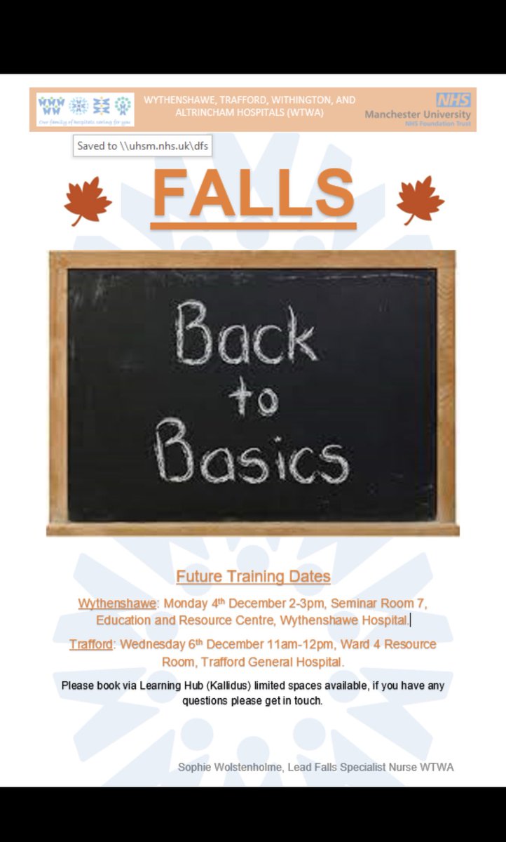 🍁🍁🍁🍁🍁🍁🍁🍁🍁🍁🍁🍁🍁 Falls Back to Basics! Further training dates available for December 2023 @WythenshaweHosp @TraffordHosp Please book via Kallidus.