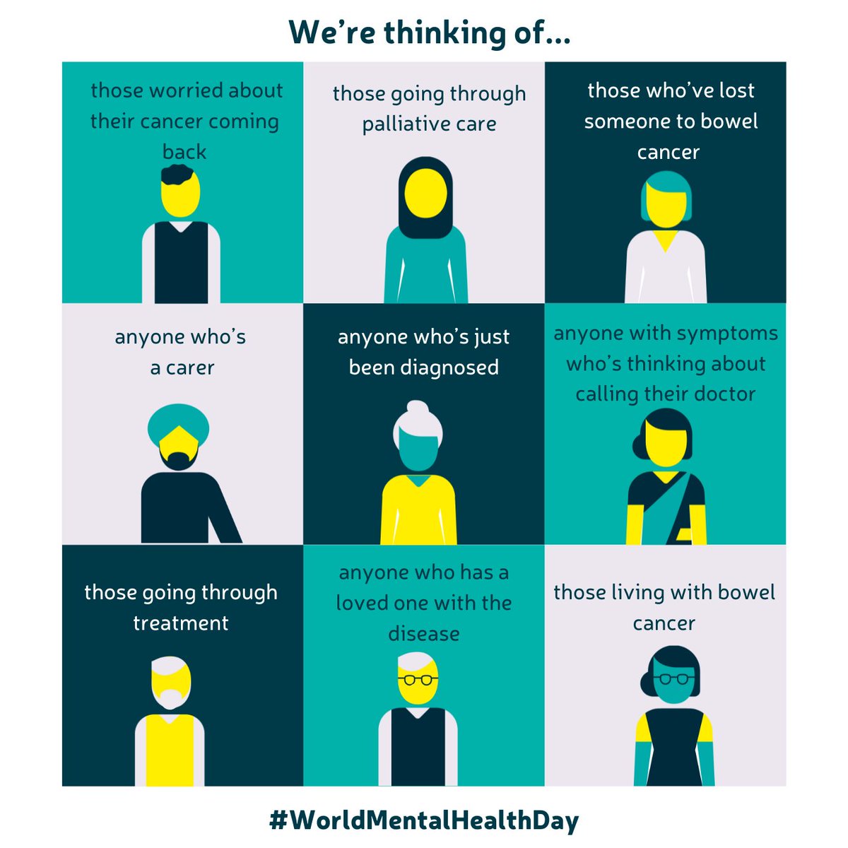 Today is #WorldMentalHealthDay. 

Wherever you're on your #BowelCancer journey, we're here to support you💛 

Explore our range of services we have for you and your loved ones👇 
bit.ly/3gASDMZ