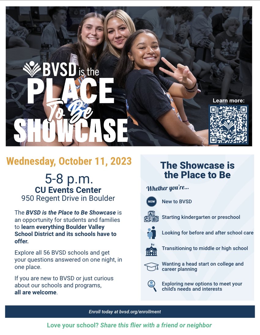 Don't forget, tomorrow BVSD will be hosting its first-ever BVSD is the Place to Be Showcase at the CU Events Center.

Wednesday, October 11, 2023, 5 - 8 p.m. 
CU Events Center, 950 Regent Drive in Boulder

Learn more: bvsd.org/current-topics…