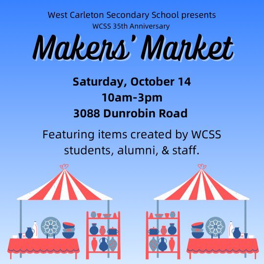 Please plan to drop by our wonderful market this Saturday!!  It’s never too early to start your holiday shopping! Vendor spotlights posted on our Instagram page (wcss_makers)
<a href="/WestCarletonSS/">West Carleton SS</a> <a href="/_ClarkeKelly/">Clarke Kelly</a> <a href="/WestOnline/">West Carleton Online</a>