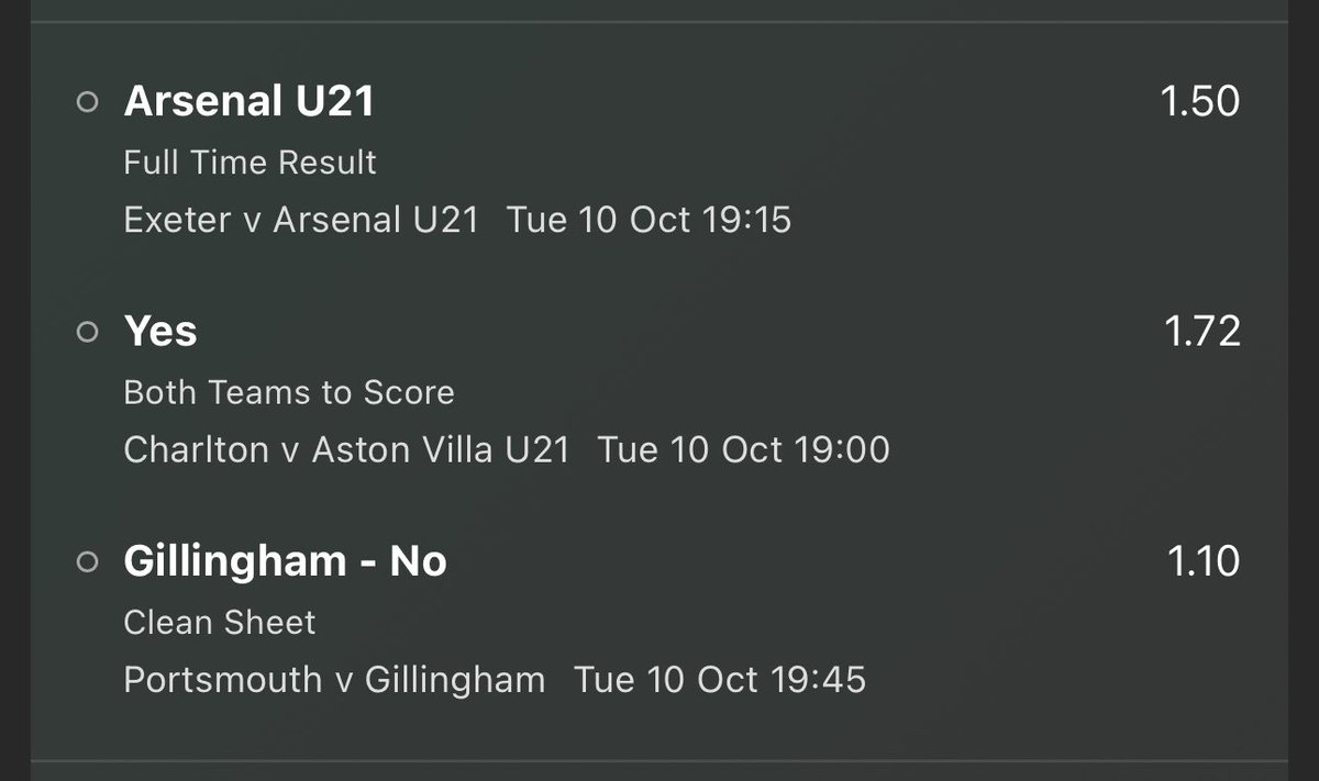 #EFLTrophy MIX 🏆⚽️

Exeter vs Arsenal U21 🏟️
✖️Bet - Arsenal U21 to Win 

Charlton vs Aston Villa U21 🏟️
✖️Bet - BTTS - Yes 

Portsmouth vs Gillingham 🏟️
✖️Bet - Gillingham Clean Sheet - No

Odds • 2.8 💷

LETS GOOOOOOOO 💥