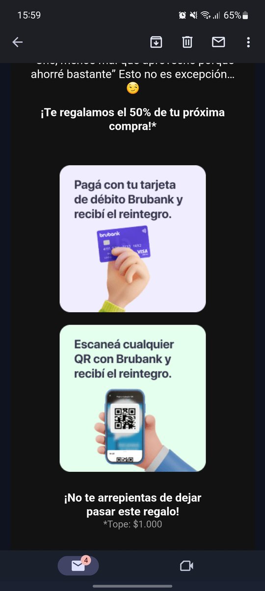 Que promoción que tiro <a href="/brubankarg/">Brubank</a> .
Te devuelven el 50% de tu compra. 

*tope de reintegro un dólar.

Unos genios bárbaros.