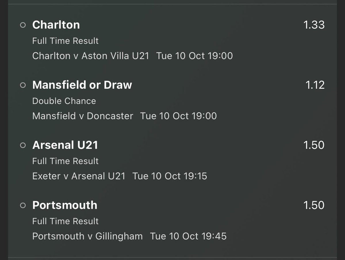 #EFLTrophy ACCA 🏆⚽️

Charlton vs Aston Villa U21 🏟️
✖️Bet - Charlton to Win 

Mansfield vs Doncaster 🏟️
✖️Bet - Mansfield or Draw 

Exeter vs Arsenal U21 🏟️
✖️Bet - Arsenal U21 to Win 

Portsmouth vs Gillingham 🏟️
✖️Bet - Portsmouth to Win 

Odds • 3.3 💷

LETS GOOOOOOOO 💥💥