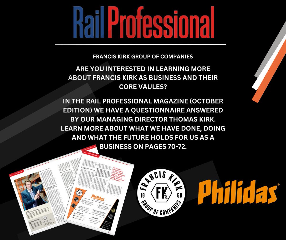 We are honoured to be part of Rail Professional Magazine this month.

Please see the link below to learn more about Francis Kirk Group of Companies.

lnkd.in/eiNYNAhS

#rail #fasteners #philidas #manchester