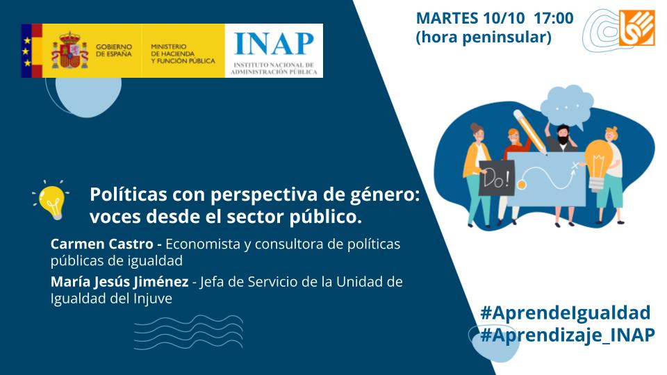 FPVMus's tweet photo. En menos de una hora comienza el 3er #DirectoINAP de la 4ª edición de #AprendeIgualdad
'Políticas con perspectiva de género', con la participación de Carmen Castro @SinGENEROdDUDAS y de María Jesús Jiménez (de @InjuveSpain)
#Aprendizaje_INAP
🔴 https://t.co/qIRuH4LVVv https://t.co/O9uN03CVfL