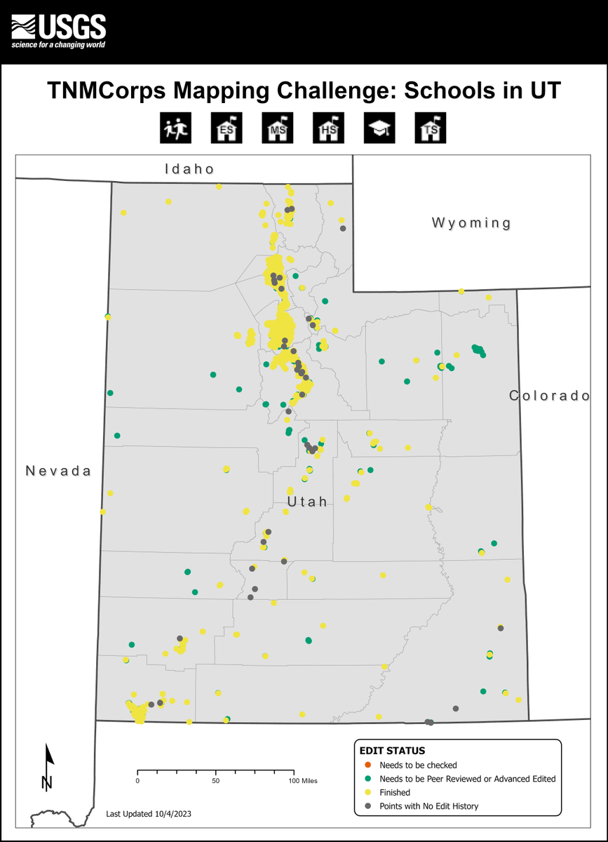 USGSTNM's tweet photo. Updates now available for the no-edit-history schools challenge in Utah. Keep it up!
Want to participate? Go to https://t.co/BtJWraRJCa
@FedCitSci #citsci #CitizenScience #USGS #TheNationalMap #TNMCorps #GIS #VGI https://t.co/eI2zRPfi8D