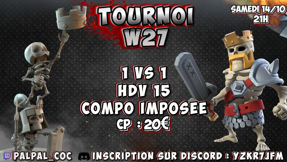 Venez tenter de gagner 20€ dans le Tournoi W27 en 1 vs 1 avec compo imposé et restrictions, samedi 14 Octobre à 21h ! 
Fin des inscriptions vendredi soir. 
Plus d'informations et inscriptions sur notre discord : 
discord.com/invite/246xr2DH
🎨 Merci à <a href="/LittlefairyLS/">Little_ls1</a> pour le visuel