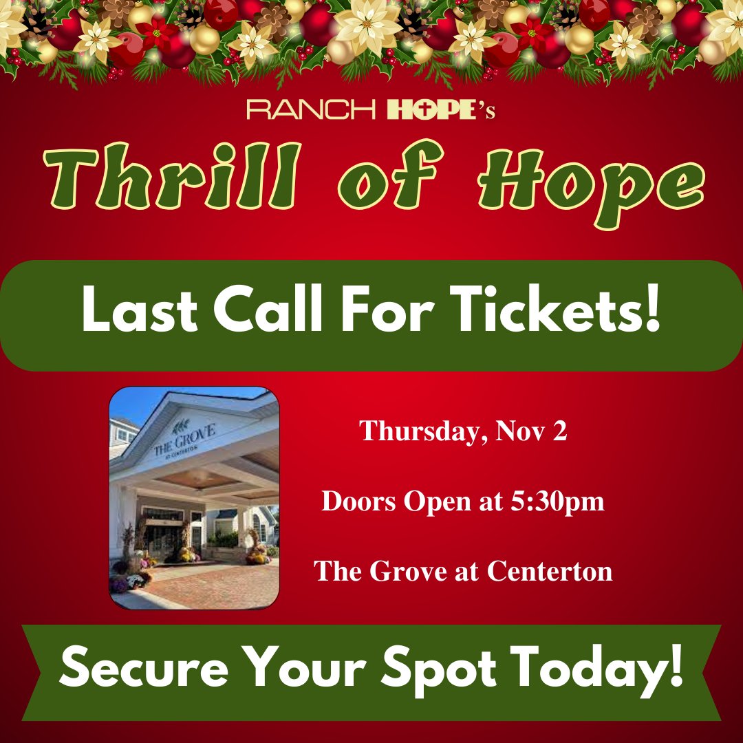 This is your LAST CHANCE to be part of the amazing night we've planned for November 2 at The Grove at Centeton. Come and enjoy an incredible evening of food, music and celebration! 

Grab your tickets NOW before it's too late! 🎉  ranchhope.org  

#ExpectationOfSuccess