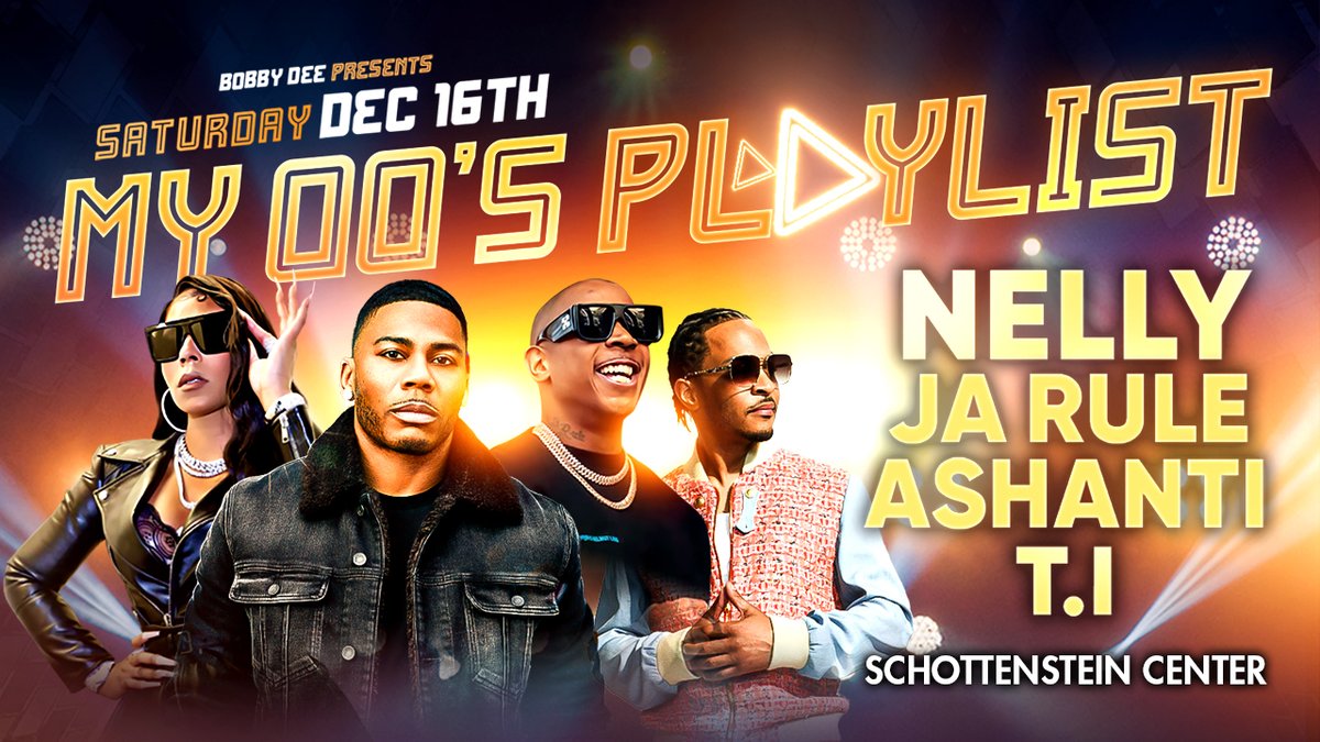 TheSchott's tweet image. JUST ANNOUNCED: Get ready for the ultimate throwback! My 2000's Playlist Tour comes to @TheSchott on Saturday, December 16 featuring iconic artists Nelly, Ja Rule, Ashanti and T.I. performing hits of an entire era. Tickets ON SALE TOMORROW (10/11) at 10AM. ticketmaster.com/event/05005F3A…