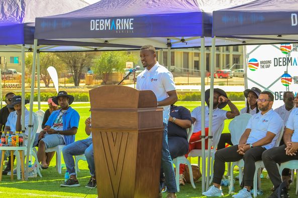 DebmarineN's tweet photo. Namibian sporting personalities sharing their inspirational journey at the Debmarine Namibia Bridging The Gap opening. Ronald Ketjijere, Christine Mboma, Lazarus Kaimbi, Cornelia Mupenda. #bridgingthegap, #namibiaschoolsportunion #namibiafootballassociation #NETBALLNAMIBIA https://t.co/Anu7XcUXdj