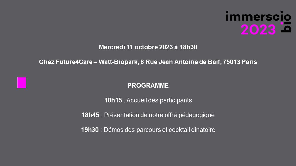 📆 Nous organisons ce 11 octobre une présentation et une démo sur notre plateforme #immerscio des derniers parcours de formation entièrement digitalisés, dédiés à la bioproduction.
📍<a href="/Future4care/">Future4care</a>
✉ Inscriptions en MP