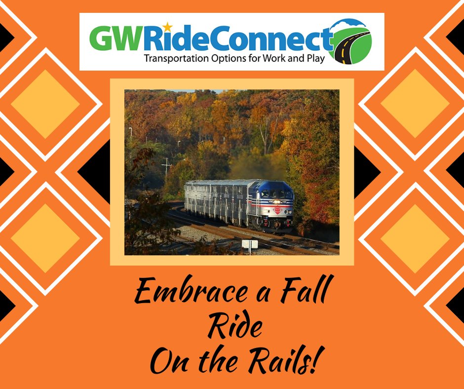 GWRideConnect's tweet photo. Keep your fall plans on track! Take the train and arrive at your autumn destinations stress-free. #connectingcommuters #staffordva #FXBG #Spotsy #Carolinecountyva #kinggeorgecountyva https://t.co/Hm2InNYegO