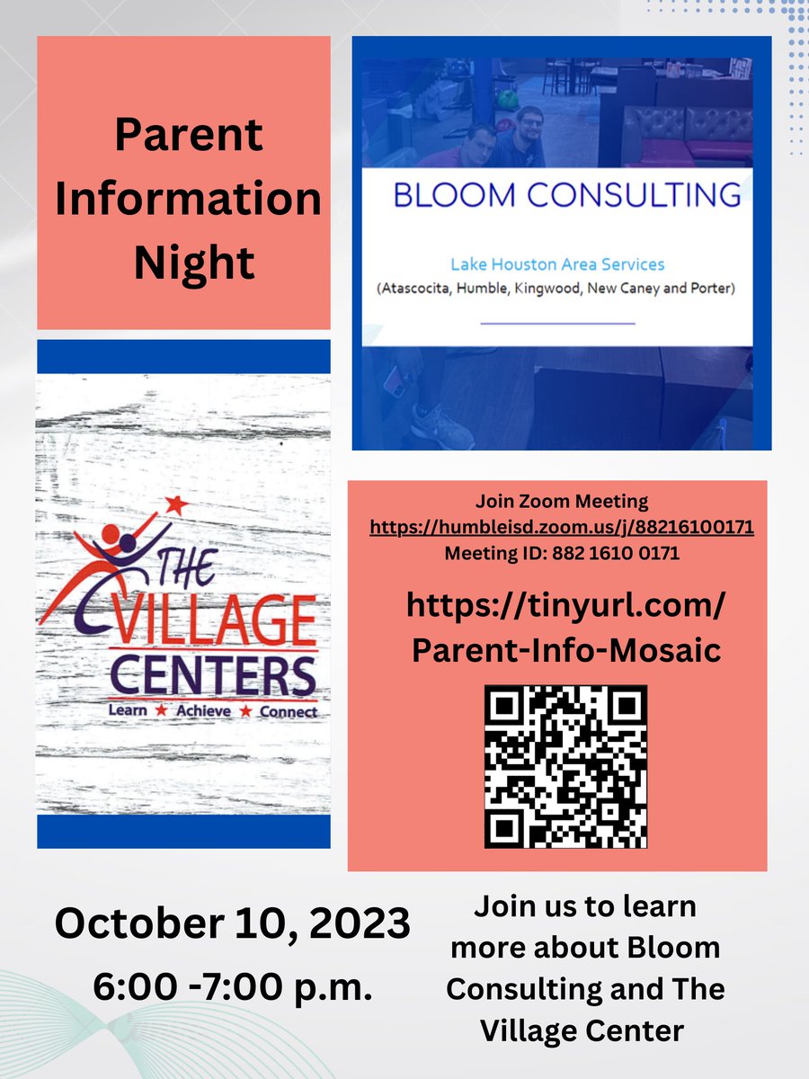 @MOSAIChumbleisd is hosting a virtual Parent Information Night. Please join us from 6-7 via Zoom. @HumbleISD @Humbleisd_ESS @HumbleISD_2NDRY @HumbleISD_SPED @HumbleISD_CAM