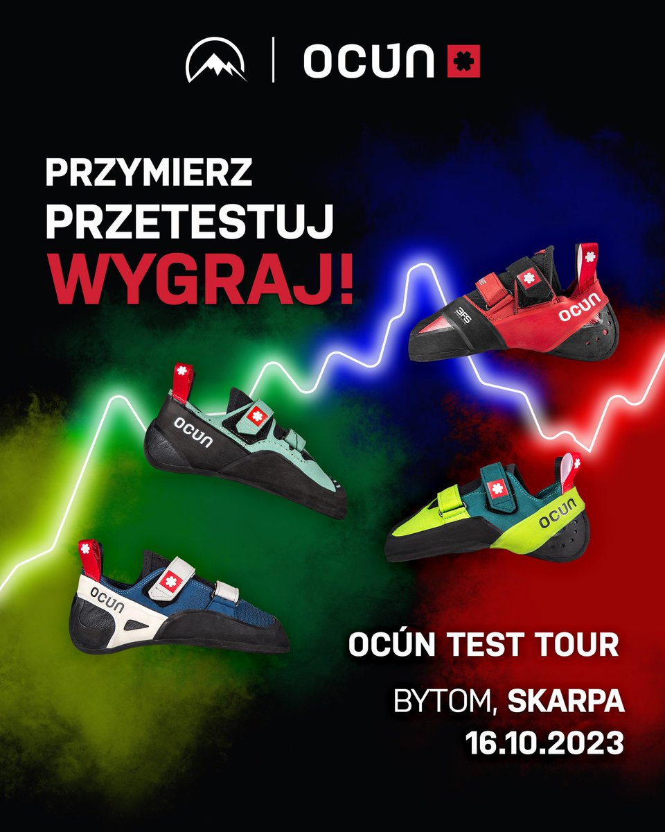 SkarpaRozbark's tweet photo. Przetestuj za FREE aż osiem modeli butów Ocún🤩 Już w poniedziałek, 16 października w godz. 16-21 zapraszamy na Ocún Test Tour 2023👟

#skarpabytom #bytom #wspinaczka https://t.co/Vl0sztb2eX