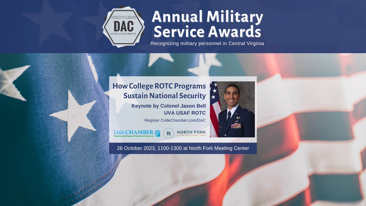 Defense Affairs Committee (@affairsdefense) on Twitter photo Join us for the Annual DAC Military Service Awards October 26 at North Fork:
business.cvillechamber.com/events/details…
<a href="/CvilleVAChamber/">Charlottesville Regional Chamber of Commerce</a> <a href="/NorthForkUVA/">North Fork</a> Join us for the Annual DAC Military Service Awards October 26 at North Fork:
business.cvillechamber.com/events/details…
<a href="/CvilleVAChamber/">Charlottesville Regional Chamber of Commerce</a> <a href="/NorthForkUVA/">North Fork</a>
