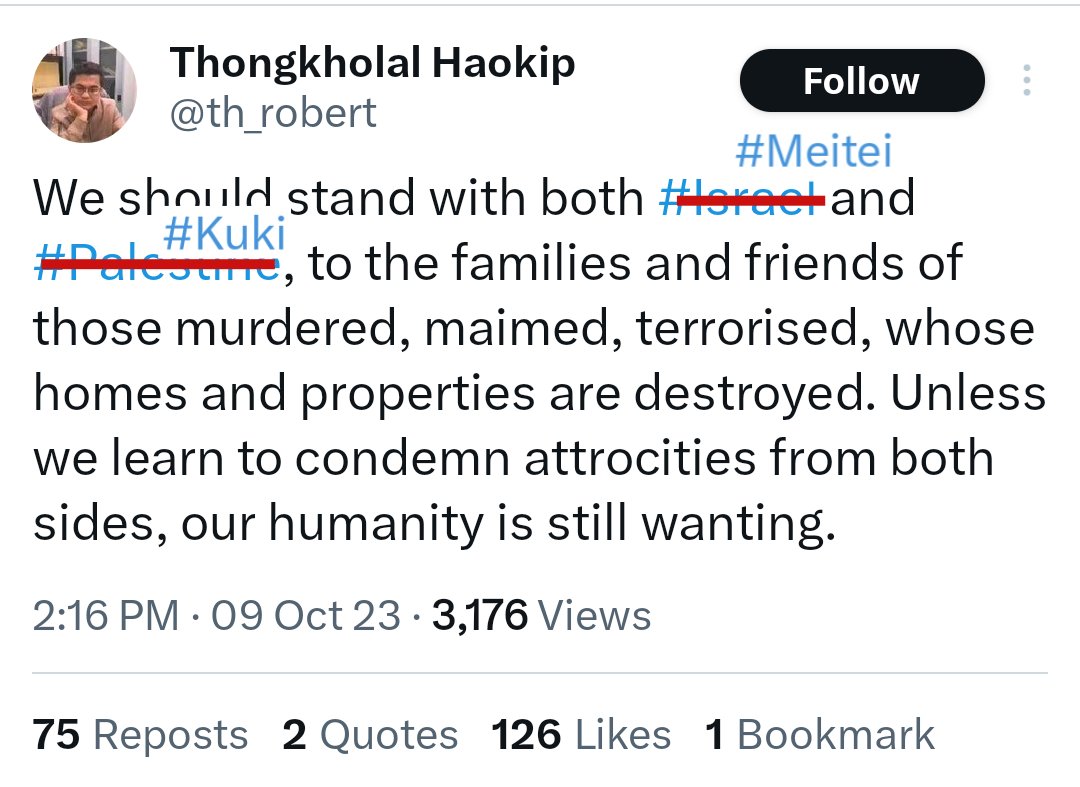You will never see <a href="/th_robert/">Thongkholal Haokip</a> or any other Kuki scholars saying this about Manipur conflict. The place they are born, live all these years got betrayed 💔.

#ManipurFightsBack #SaveManipur #ResilientManipur #RebuildManipur