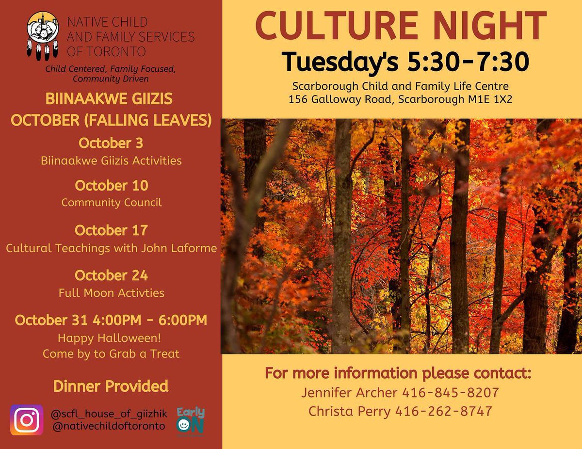 Did you know that other NCFST locations offer Culture Nights on different days of the week.  

Our friends at Galloway  have Culture Night every Tuesday! Check out their flyer for October.

#NCFST 
#IndigenousCulture 
#Community 
#CultureNight

@scflc_house_of_giizhik