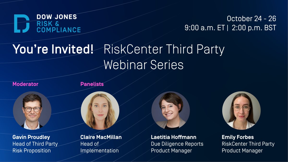 Dow Jones Risk & Compliance (@djcompliance) on Twitter photo Maintaining varied business relationships can expose your organization to #regulatory and #ReputationalRisks. Discover ways to manage diverse business ties using our RiskCenter Third Party tools in our upcoming webinar series with <a href="/gavinjp/">gavin proudley</a>. Register now: bit.ly/3RJFMMC Maintaining varied business relationships can expose your organization to #regulatory and #ReputationalRisks. Discover ways to manage diverse business ties using our RiskCenter Third Party tools in our upcoming webinar series with <a href="/gavinjp/">gavin proudley</a>. Register now: bit.ly/3RJFMMC