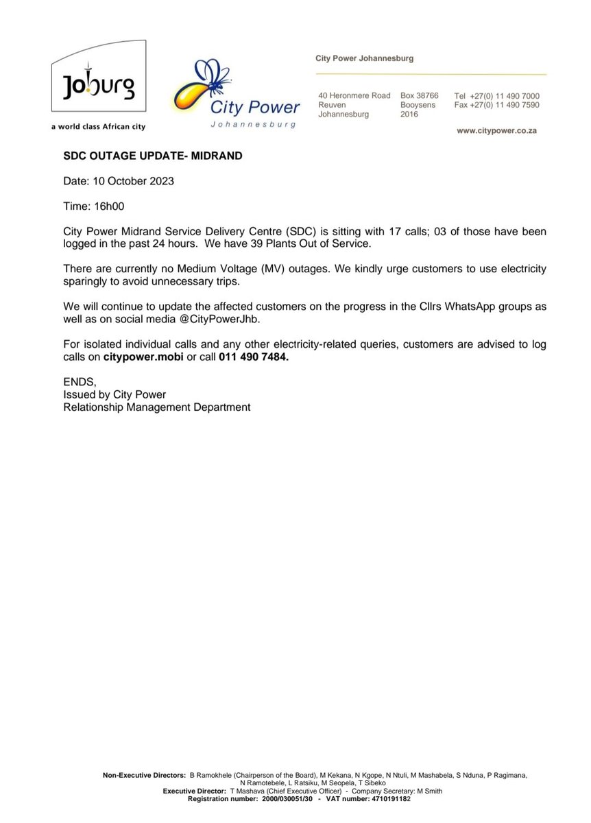 CityPowerJhb's tweet photo. #JoburgUpdates
#MidrandUpdate
There are still no Medium Voltage outages.
We urge customers to continue using electricity sparingly to avoid unnecessary trips ^KM https://t.co/27Gv1BxZMA