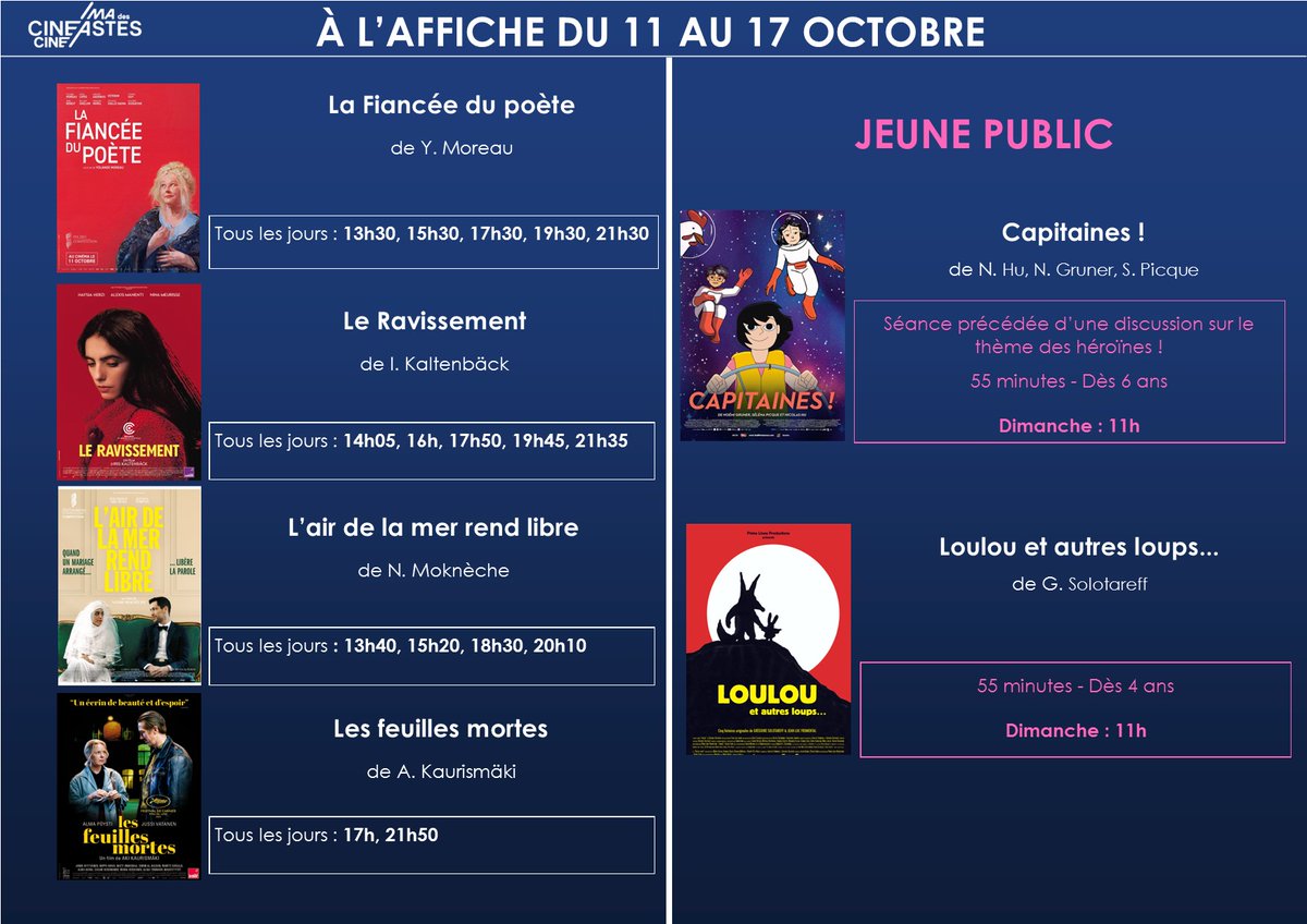 [PROGRAMME DE LA SEMAINE]

🎬 Du 11 au 17 octobre 👇

🎟️cinema-des-cineastes.fr 

#cinema #cinemadescineastes #Paris17 #Lafianceedupoete #Leravissement #Lairdelamerrendlibre #lesfeuillesmortes #Capitaines #Atelier #Loulouetautresloups #enfancedelart