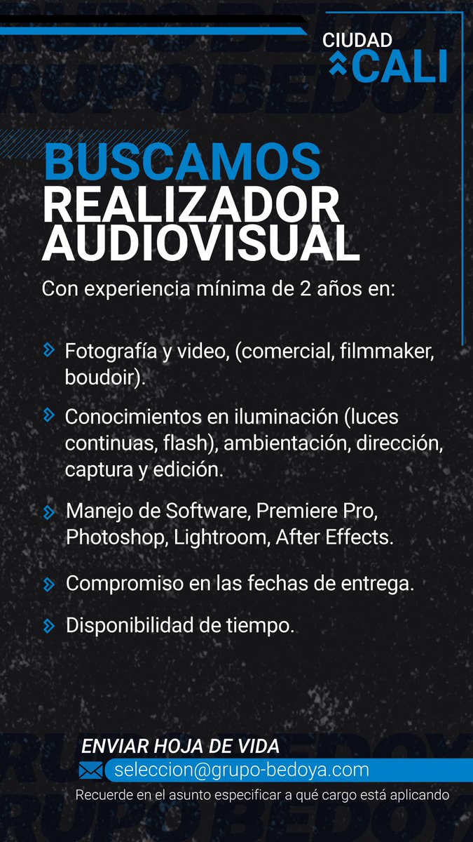 📣Vacante disponible para la ciudad de Cali, estamos en búsqueda de realizador audiovisual, 📹si cumples con los requisitos de la vacante puedes enviarnos tu hoja de vida al correo: seleccion@grupo-bedoya.com
