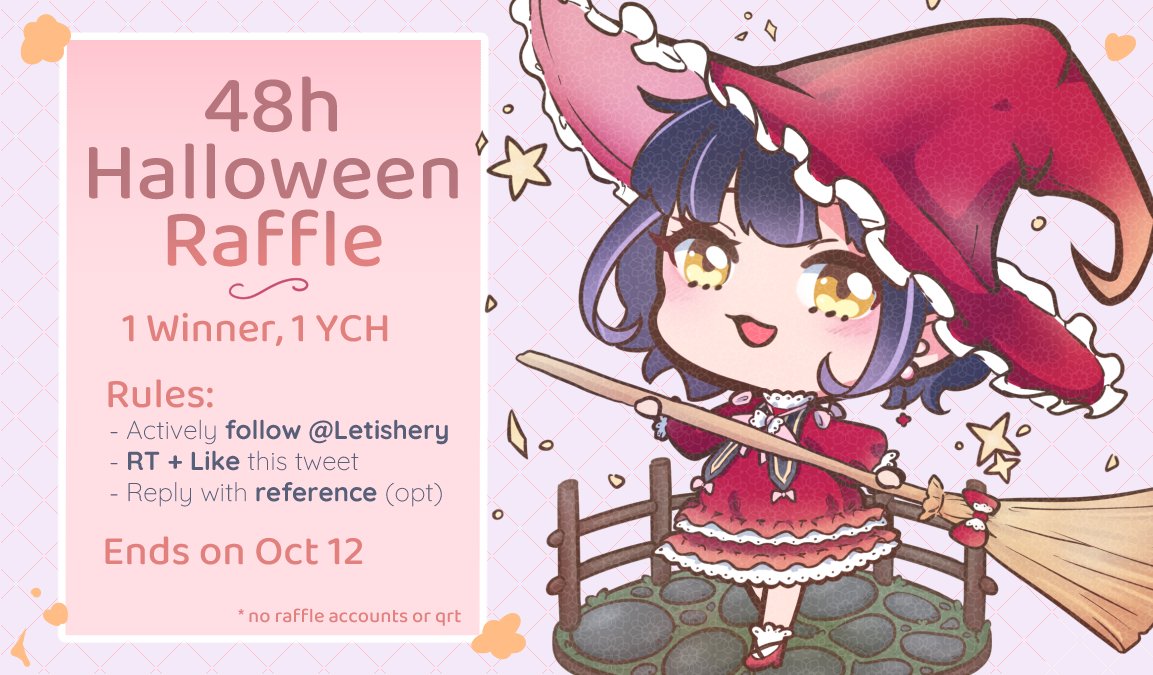 Letishery's tweet photo. 🧙‍♀️48h YCH Halloween Raffle🧙‍♀️

✦Rules: 
🍬 Follow me
🍬RT this tweet

✦Prize: YCH Lolita Witch ver. 

✦Ends on October 12 (in 2 days!) https://t.co/IbSAwAERJS