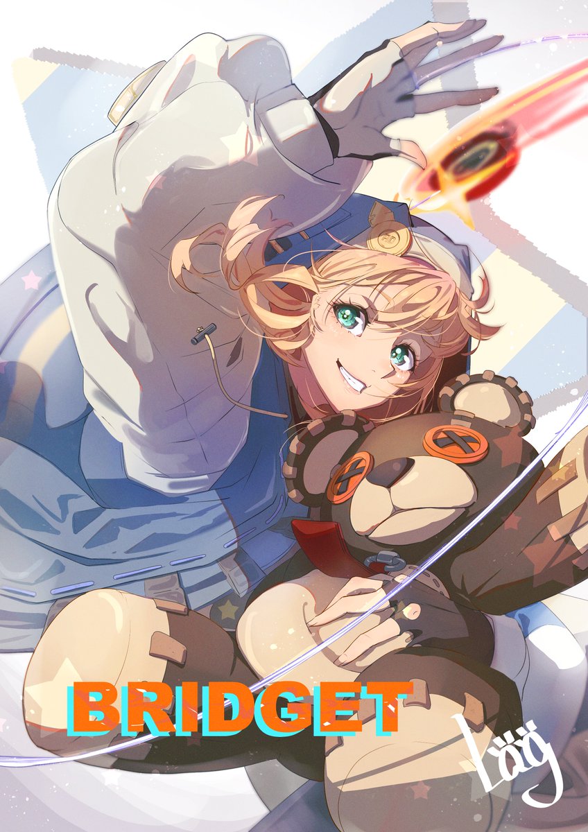 bridget (guilty gear) 1boy male focus smile fingerless gloves blonde hair  one eye closed gloves illustration