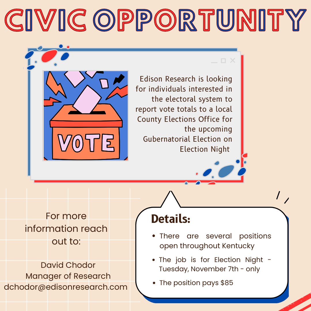 Dip your toe into the Election Day environment with this PAID opportunity on November 7th! Edison Research,  is looking for individuals to report to a local County Elections Office, and call in to their offices to report the vote totals as they are released on Election Night.