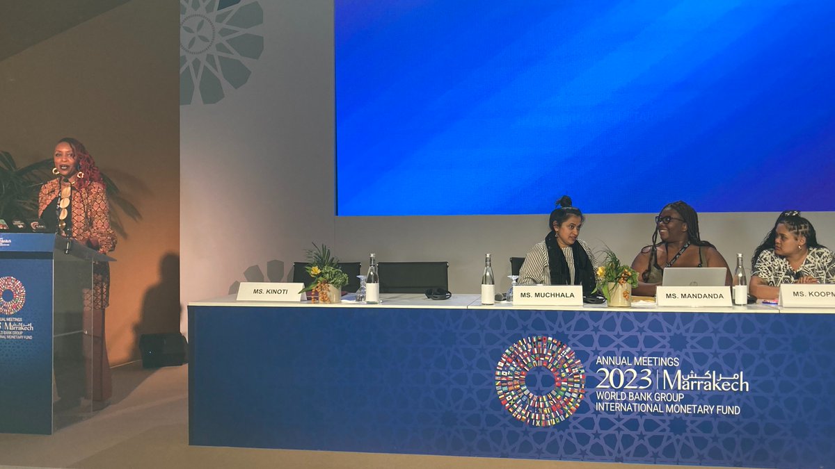 ActionAidUK's tweet photo. Our panel Wangari Kinoti @wangkinoti from @ActionAid, Bhumika Muchhala @bhumika820 from #ThirdWorldNetwork, Jessica Mandanda, @fem_emp @FEAM_Malawi, Riska Koopman, @GA4TJ  kick things off at #CSPF session on feminist economics programming lessons for the @IMFnews in Marrakech! https://t.co/4F6K1gh79W