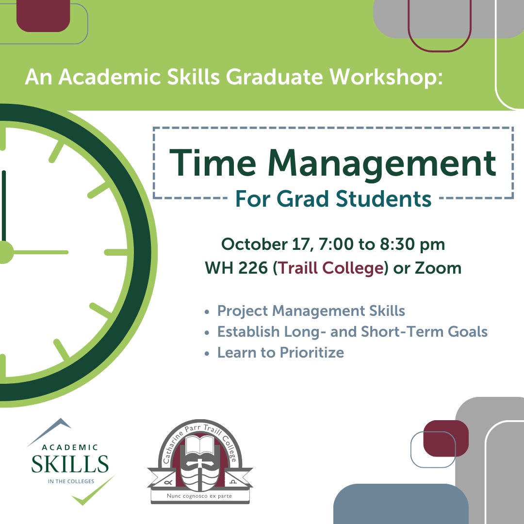 Grad students - do you need help balancing research, course work, teaching, and personal life commitments? This workshop will help with project management skills and prioritizing goals trentu.ca/academicskills…