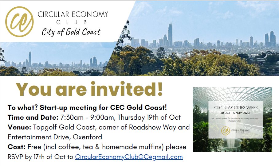Welcome to CEC City of Gold Coast in #Australia, led by Linda Nordin and with the support of Sarah Tosone

Join them on Oct 19th to discuss the plants for the how chapter will help grow the #circulareconomy movement in #Australia