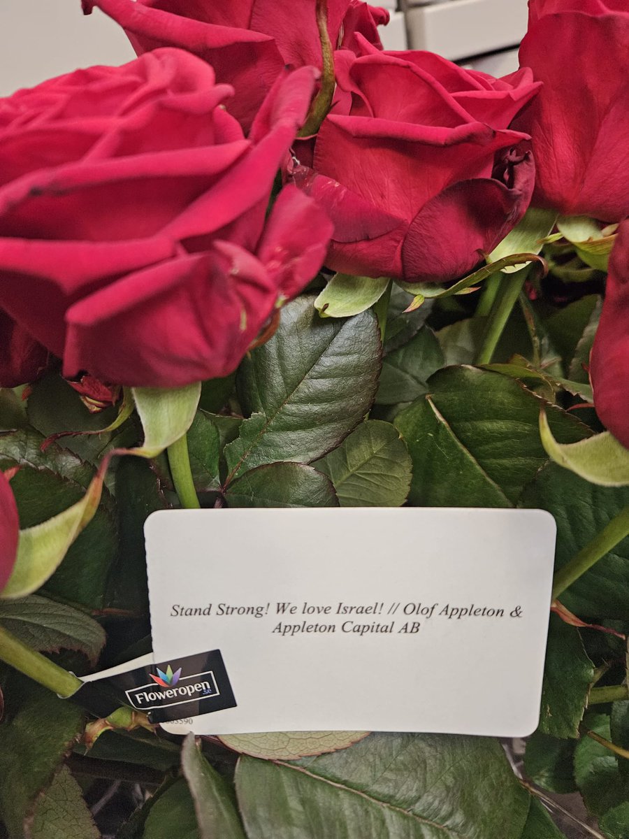 IsraelinSweden's tweet photo. We have no words. Thank you, Olof Appleton and @appletoncapital, who sent 900(!) roses to the embassy in order to express their support for Israel! 🇮🇱🌹

#IStandWithIsrael https://t.co/FZZXOHKNU2