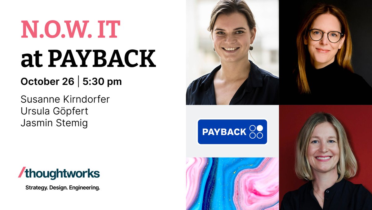 PAYBACK GROUP (@payback_group) on Twitter photo Am 26. Oktober 2023 ab 15:30 hosten wir bei #PAYBACK auf der Theresienhöhe 12 das nächste Event: N.O.W IT by <a href="/thoughtworks/">Thoughtworks</a> ! Es gibt inspirierende Speakerinnen, Networking sowie Snacks und Getränke. 🤝😋🥤
Hier geht’s zur Anmeldung:
thoughtworks.com/de-de/about-us… Am 26. Oktober 2023 ab 15:30 hosten wir bei #PAYBACK auf der Theresienhöhe 12 das nächste Event: N.O.W IT by <a href="/thoughtworks/">Thoughtworks</a> ! Es gibt inspirierende Speakerinnen, Networking sowie Snacks und Getränke. 🤝😋🥤
Hier geht’s zur Anmeldung:
thoughtworks.com/de-de/about-us…