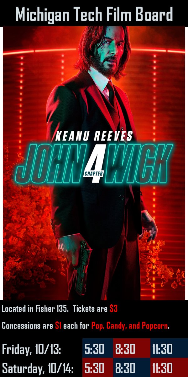 filmboard's tweet photo. Join Film Board this weekend as we show John Wick Chapter 4! 👀 We have continued showings Friday 10/13, and Saturday 10/14 in Fisher 135! See our website for more details! (Link in bio) https://t.co/q5dP4GCwX3