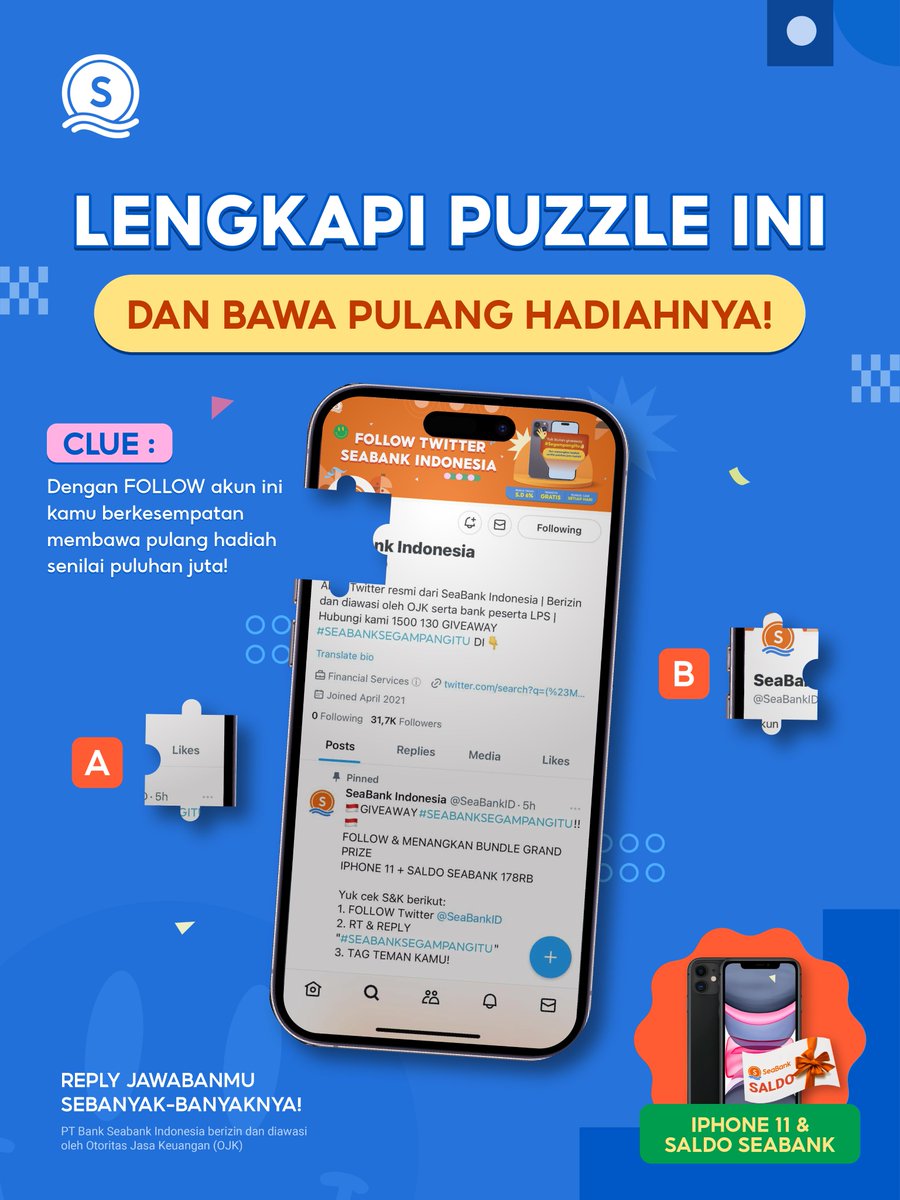 🫰KESEMPATAN MEMENANGKAN HADIAH SPESIAL🤞

BUNDLE IPHONE ini sudah siap untuk kamu bawa pulang, jadi langsung aja mimin spill caranya ya!
1. FOLLOW Twitter <a href="/SeaBankID/">SeaBank Indonesia</a>
2. RT &amp; REPLY Jawabanmu
3. TAG teman kamu sebanyak-banyaknya!

Tunggu apa lagi?🫶