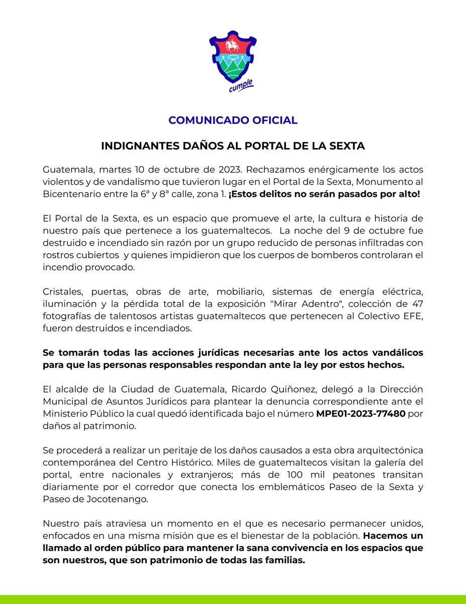 ⚠️ - COMUNICADO - ⚠️
INDIGNANTES DAÑOS AL PORTAL DE LA SEXTA

Rechazamos enérgicamente los actos violentos de vandalismo que tuvieron lugar en el #PortalDeLaSexta, destruido e incendiado sin razón por un grupo reducido de personas infiltradas con rostros cubiertos durante una